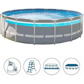 Каркасный бассейн INTEX PRISM FRAME CLEARVIEW 488х122см, 19156л, фил.-насос 5678л\ч, лестн., тент, подст., 26730